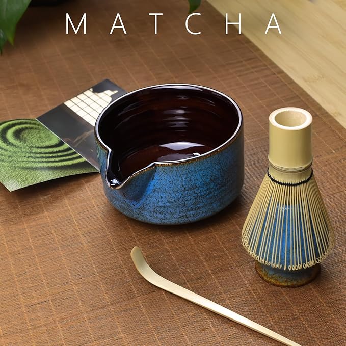 Artcome 4 Pcs Complete Matcha Tea Ceremony Kit for Japanese Tea Ceremony, Bowl with Pouring Spout, Whisk, Whisk Holder, Tea Scoop, Matcha Tea Set For Making Usucha, Koicha and Matcha Latte (Sapphire)