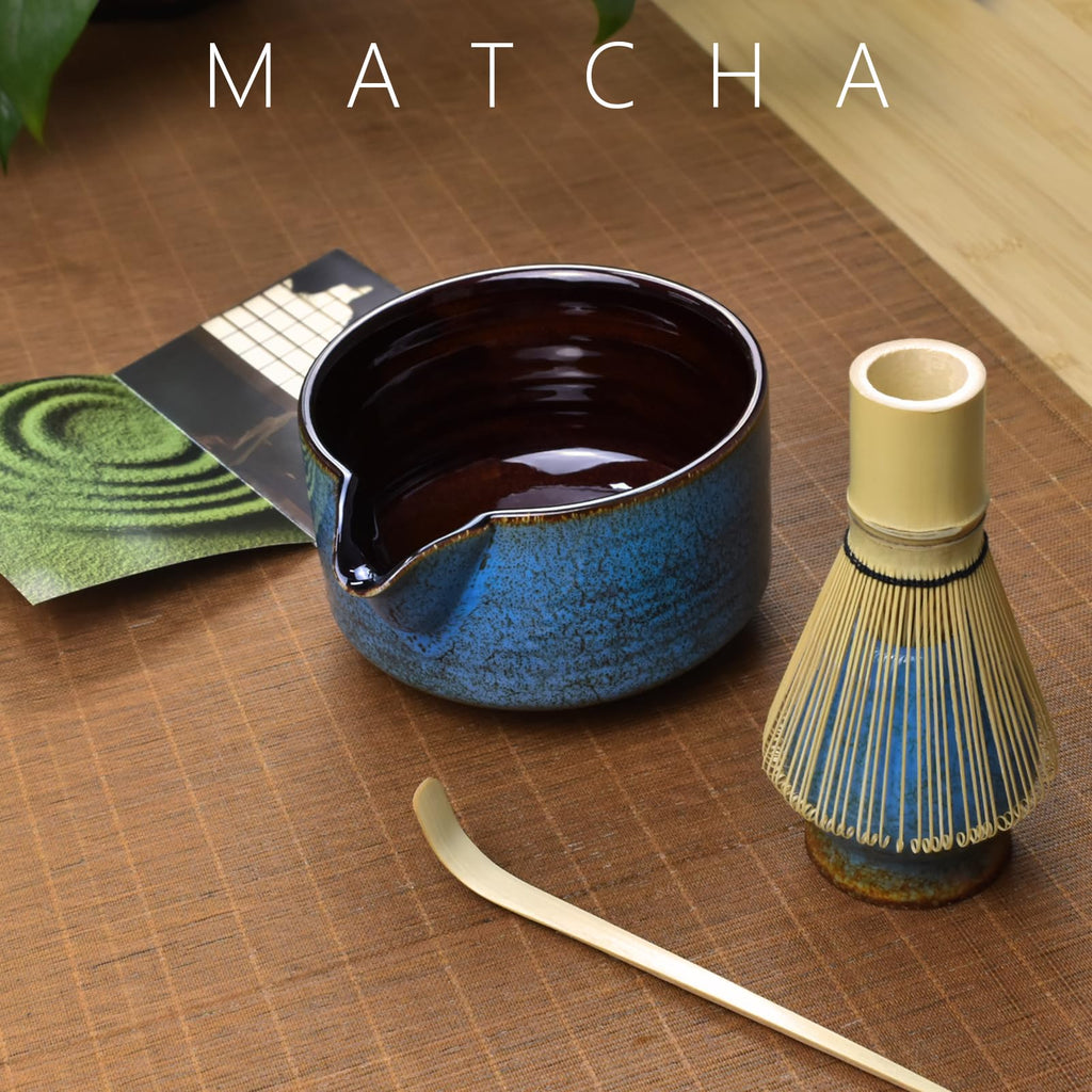 Artcome 4 Pcs Complete Matcha Tea Ceremony Kit for Japanese Tea Ceremony, Bowl with Pouring Spout, Whisk, Whisk Holder, Tea Scoop, Matcha Tea Set For Making Usucha, Koicha and Matcha Latte (Sapphire)