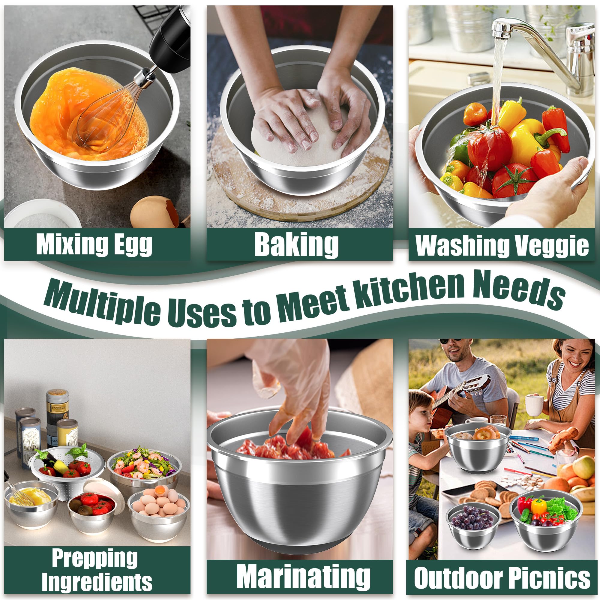 Mixing Bowls with Airtight Lids Set, 4 Stainless Steel Bowls Nesting Bowls & Colander, Kitchen Organizers and Storage Non-Slip Bottom, Size 1.5/2.0/2.5/4.5QT, Great for Mixing & Serving, Black
