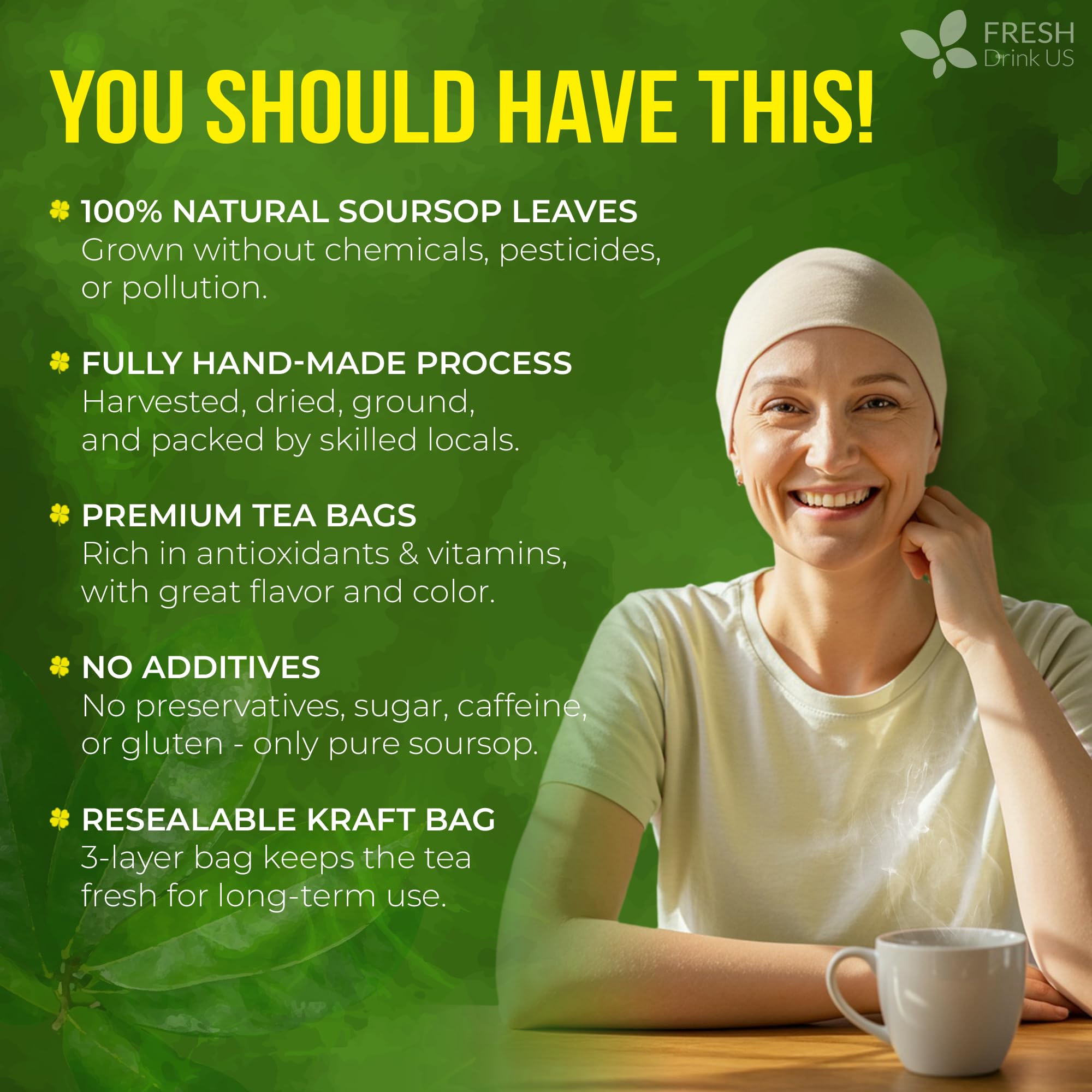 FreshDrinkUS, Premium 10 Soursop Graviola Leaf Tea Bags, 100% Natural & Pure from Soursop Leaves, Hoja Guanabana Herbal Tea. Made with Natural Material Tea Bags. No Sugar, No Caffeine, Vegan.