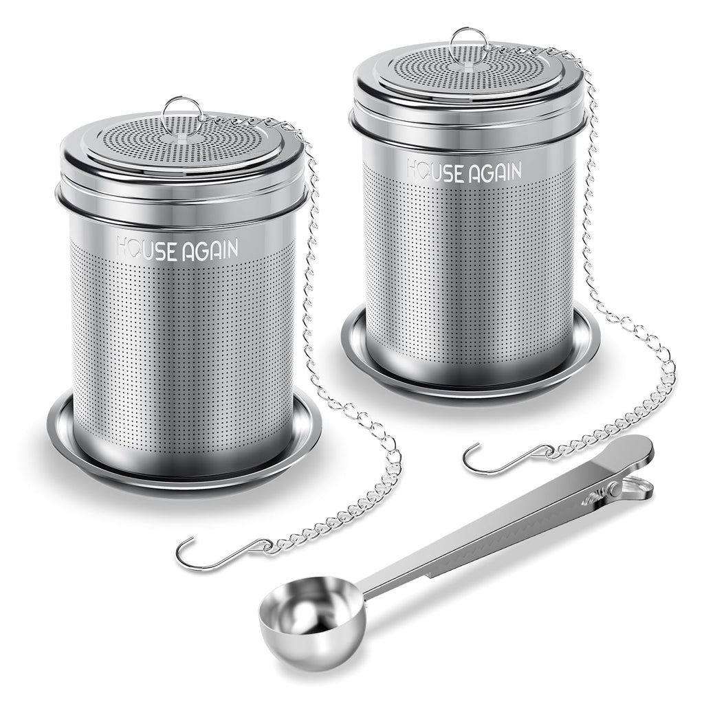 HOUSE AGAIN Tea Infuser (2 Pack with Scoop), Extra Fine Mesh Tea Infusers for Loose Tea, 18/8 Stainless Steel Tea Strainer with Extended Chain Hook, Tea Steeper for Brew Tea, Spices & Seasonings