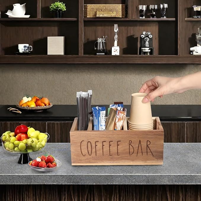 Acacia Wood Station Organizer,Coffee Station Organizer for Cup Lid Stirrers Pod, Disposable Coffee Cup Holder, Farmhouse Accessories Decor, Brown Labeled COFFEE BAR