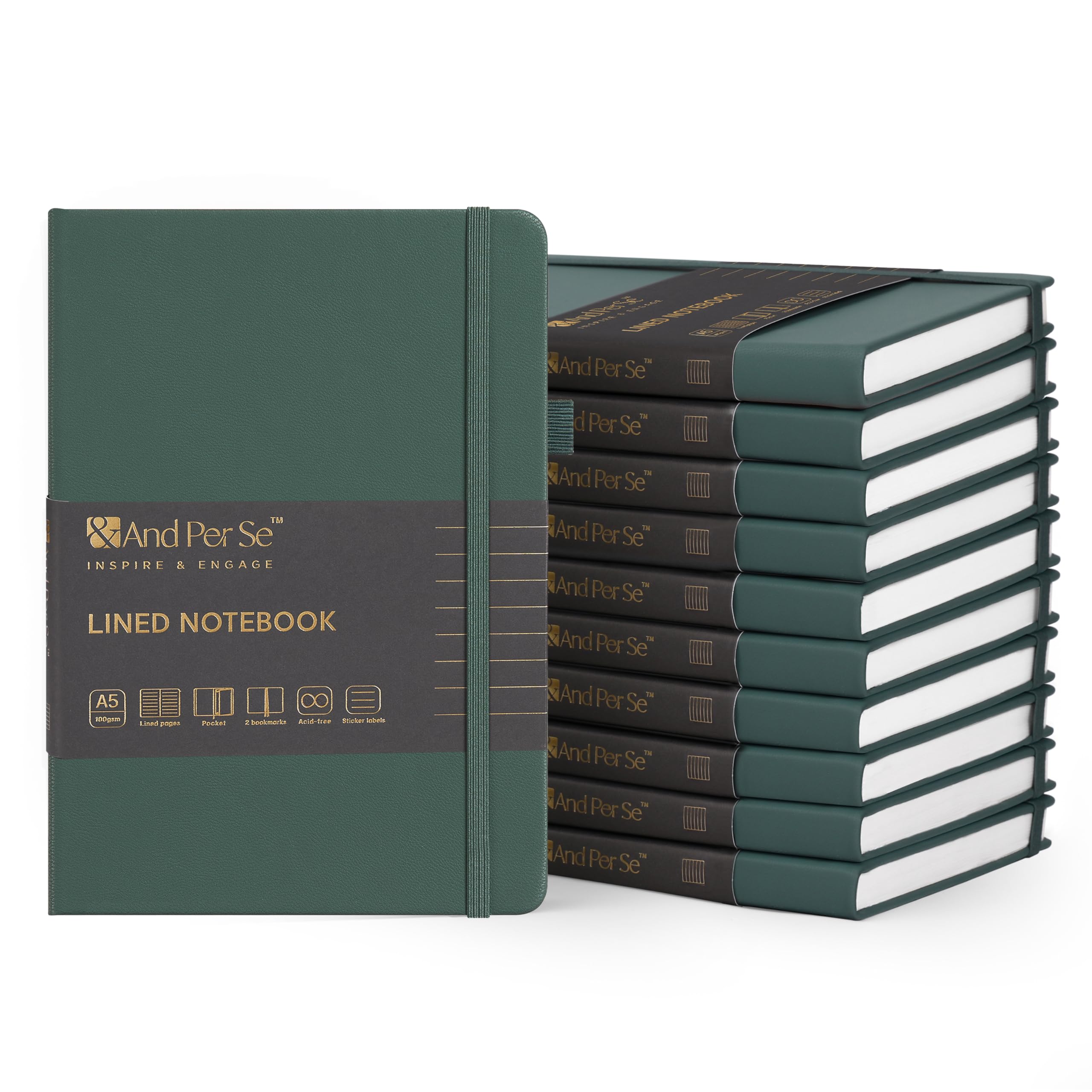 &And Per Se 10-Pack Lined Notebooks, A5 Hardcover, 160 Pages 100gsm Thick Paper, Office Supply Bulk Order, Corporate New Hire Kits, Breakroom Essentials – College Ruled, 10 Units (Green)