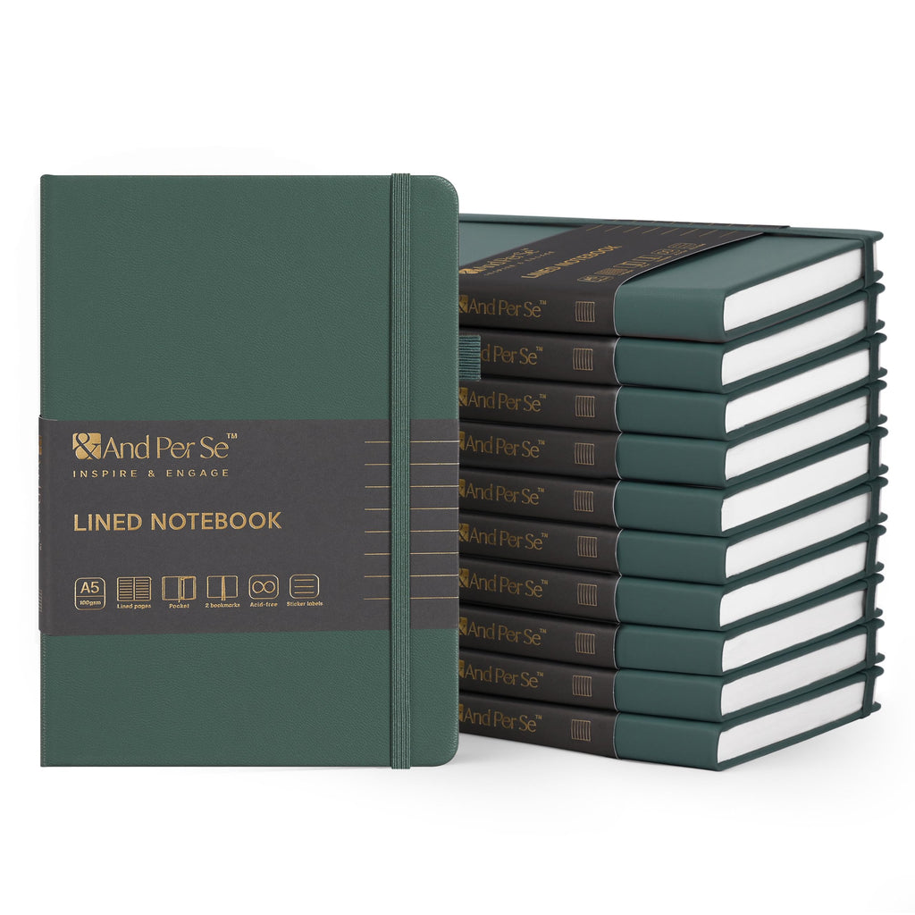 &And Per Se 10-Pack Lined Notebooks, A5 Hardcover, 160 Pages 100gsm Thick Paper, Office Supply Bulk Order, Corporate New Hire Kits, Breakroom Essentials – College Ruled, 10 Units (Green)