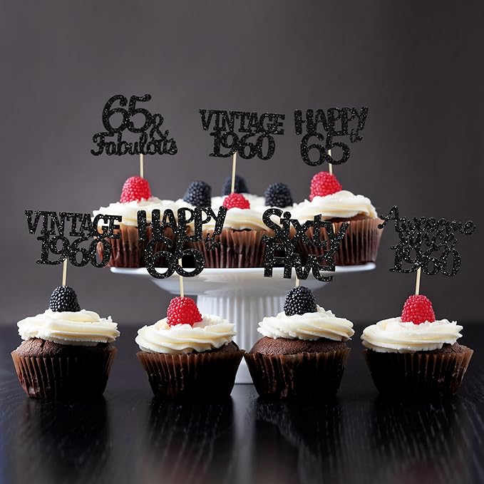 Gyufise 30 Pack Gold Glitter 65th Birthday Cupcake Toppers Vintage 1960 Cake Toppers Hello 65 Cake Topper Sixty Five 65 & Fabulous Cupcake Picks 65th Birthday Cake Decorations Supplies