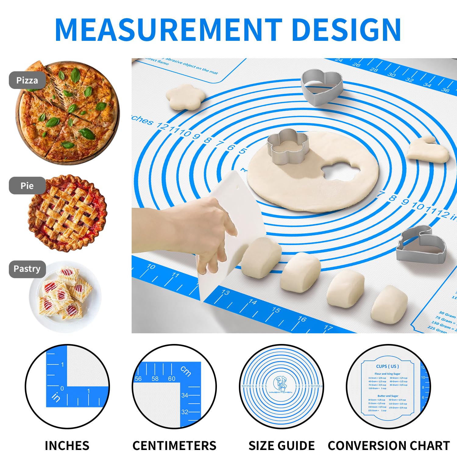 Silicone Pastry Mat for Dough Rolling,Silicone Baking Mat with Measurement for Baking Pie Crust, Pizza & Cookies, Non stick & Non Slip Silicone Mat