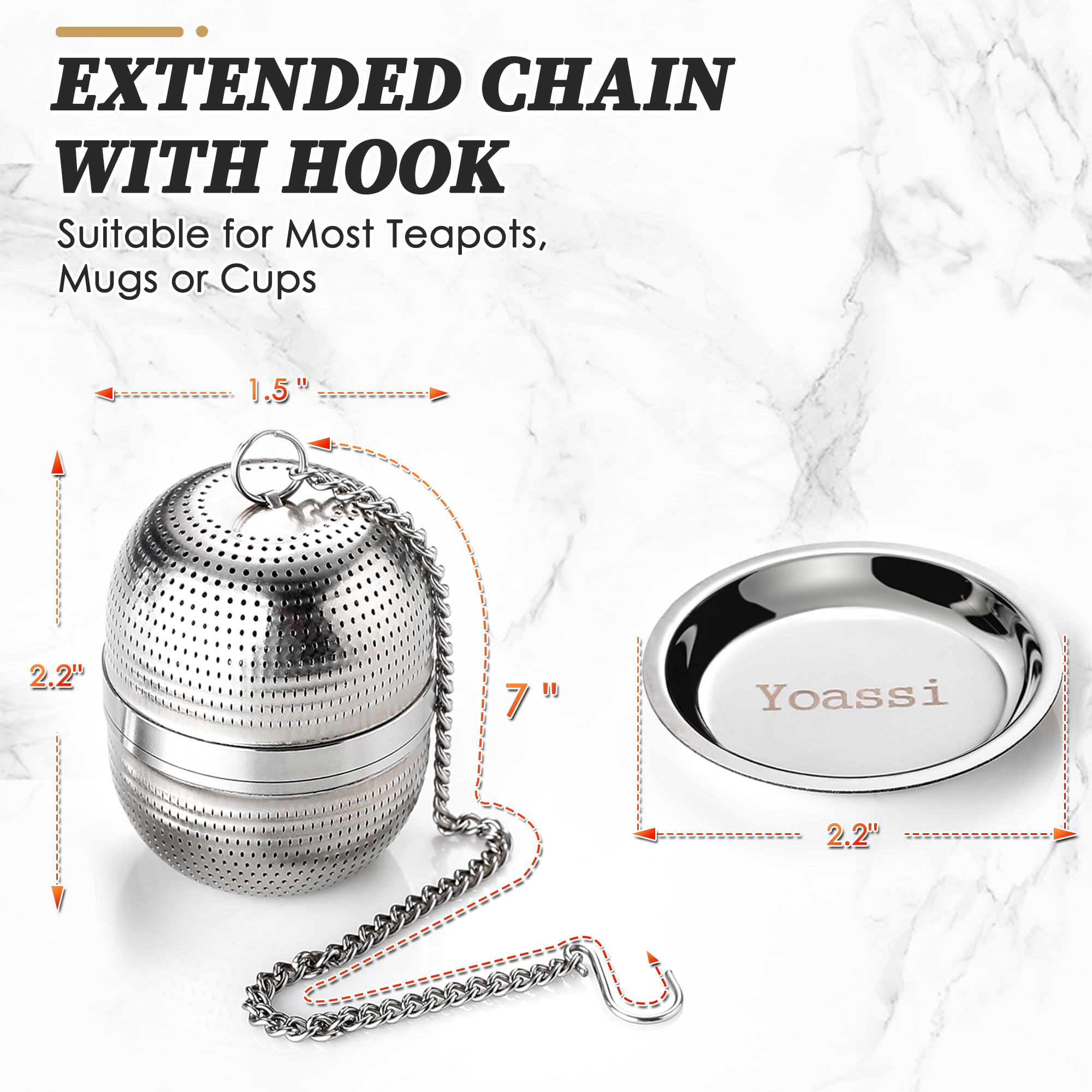 Yoassi 2 Pack Tea Infusers for Loose Tea, Extra Fine Mesh 18/8 Stainless Steel Tea Strainers, Loose Leaf Tea Steeper Tea Ball Tea Diffuser Tea Holder with Extended Chain Hook and Drip Tray