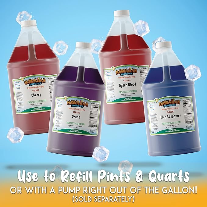 Hawaiian Shaved Ice Syrup Gallon 4-pack, Cherry, Grape, Blue Raspberry & Tiger’s Blood, for Slushies, Italian Soda, Seltzers, Popsicles, & More, No Refrigeration Needed, Allergy-friendly