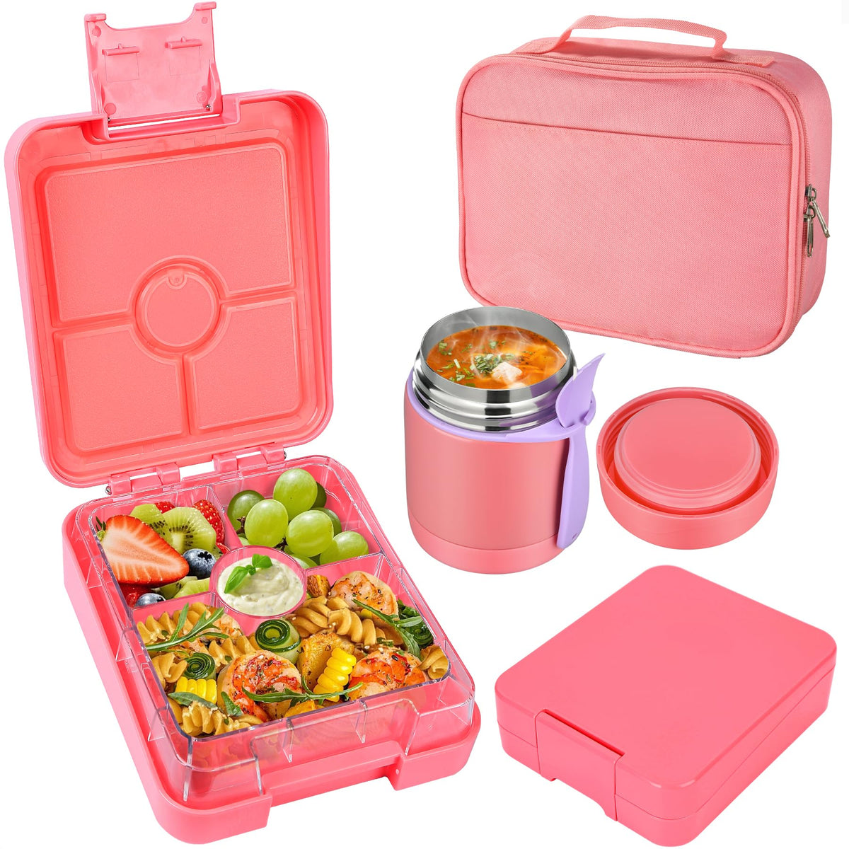 Pawtong Bento Lunch Box Set With 10oz Soup Thermo, Leak-proof Lunch Containers with 4 Compartment, Kids Hot Thermo Food Jar/Insulation Lunch Bag, Food Containers for School（Flamingo）