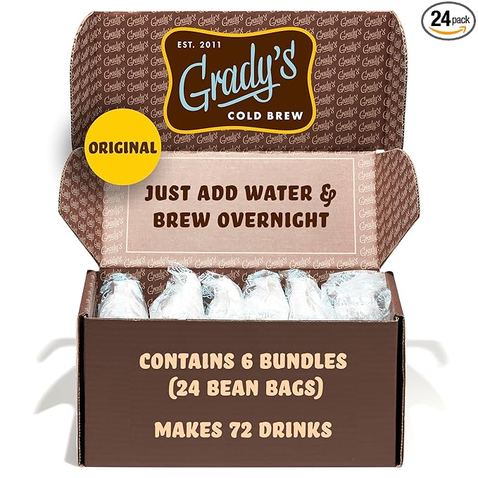 GRADY’S COLD BREW, New Orleans Style, 100% Arabica Ground Coffee & Chicory Pouches, SIX Bundles of 4 Easy-to-Brew Bean Bags, Makes 72 drinks
