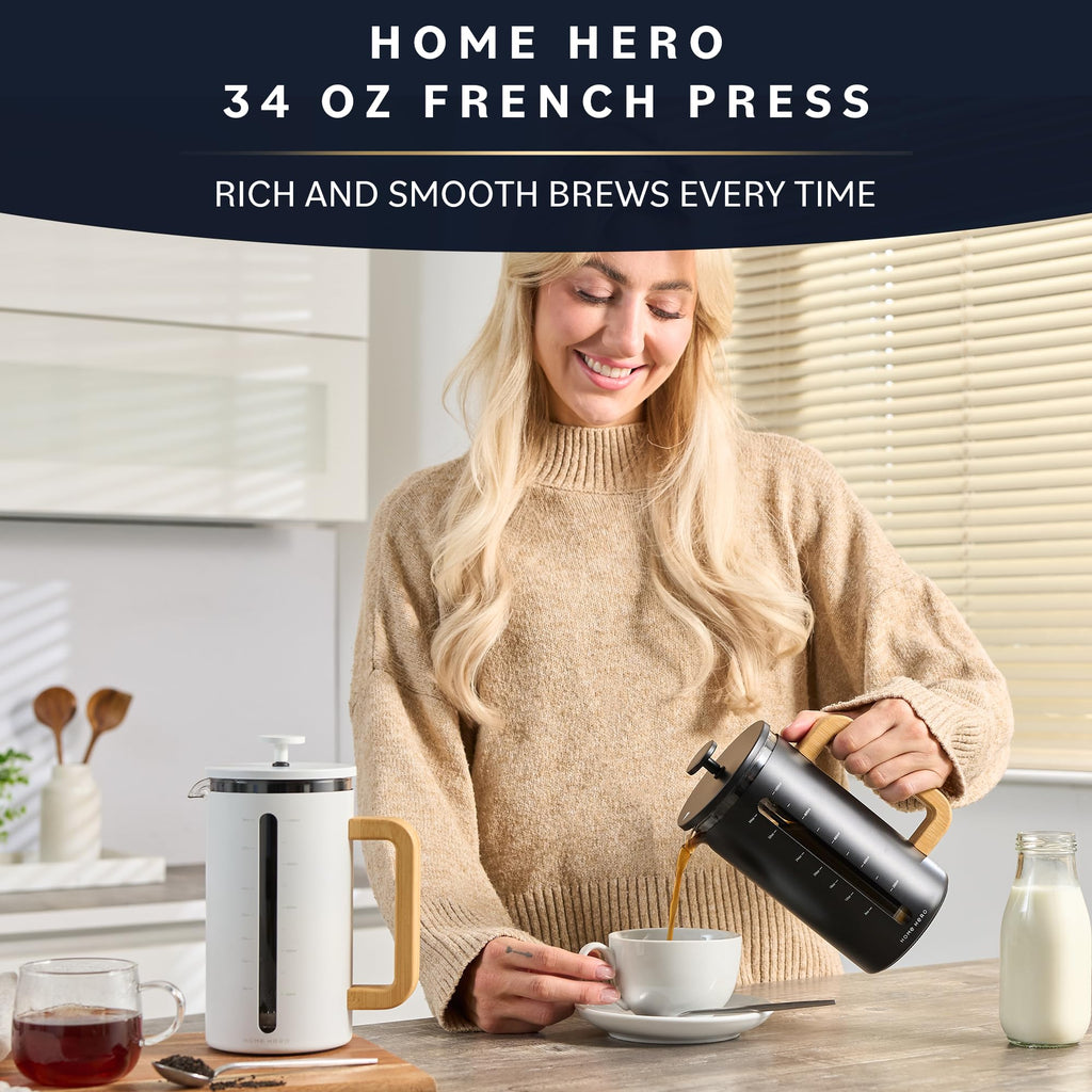 Home Hero French Press Coffee Maker - 34 oz Coffee Press with Bamboo Wood Handle, Heat Resistant Thick Borosilicate Glass French Presses, 4 Layer Filter, French Press Stainless Steel (Black)