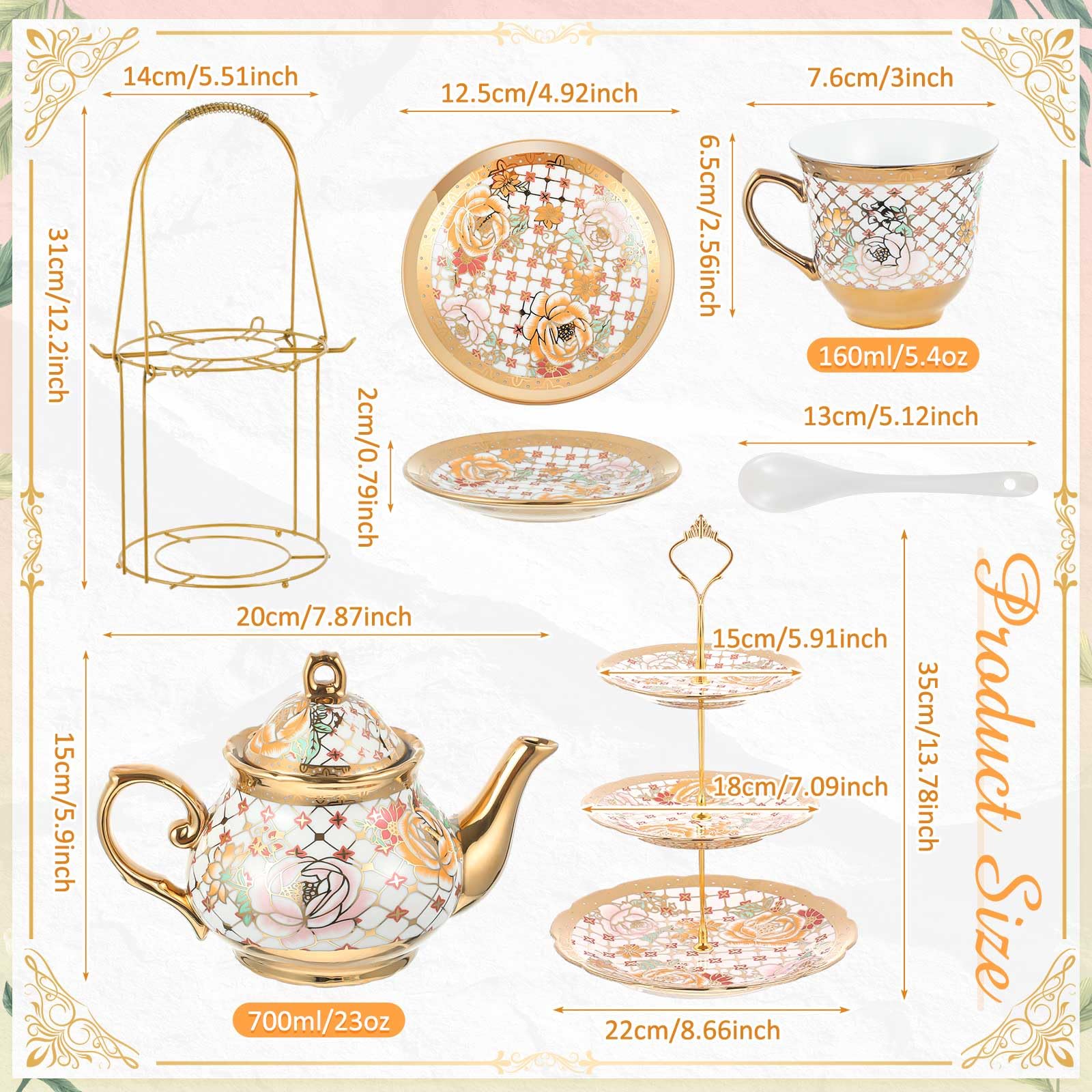 Maxcheck 21 Pcs Porcelain Tea Set for Women Tea Party with Metal Holder and 3 Tier Cake Stand Ceramic European Floral Teapot Set for Adults Mother's Day Christmas Thoughtful Gift(Stylish Style)