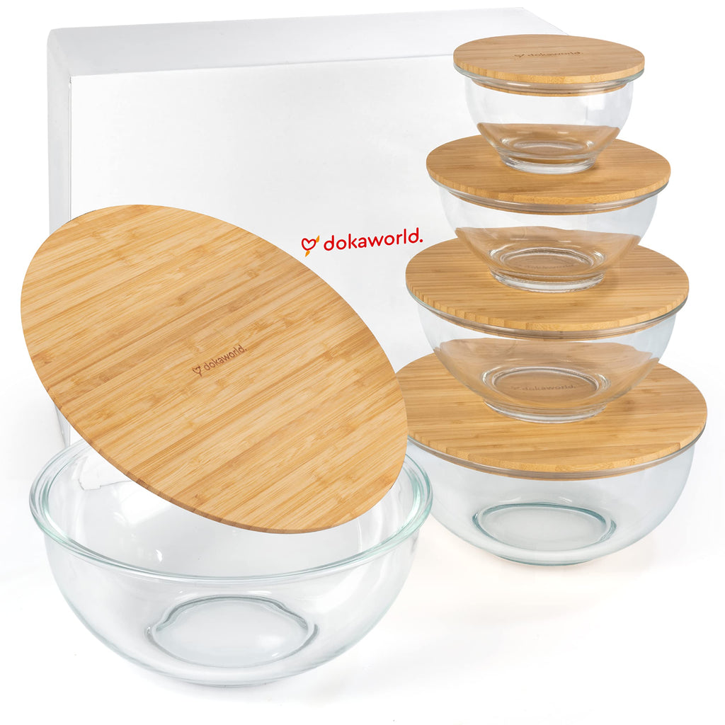 dokaworld Stackable Space-Saving Set of 5 Nesting Glass Bowls with Bamboo Lids for Foodprep, Storage, Baking, Mixing & Cooking, Microwave & Oven Safe BPA Free Heat Resistant Inert Borosilicate Glass