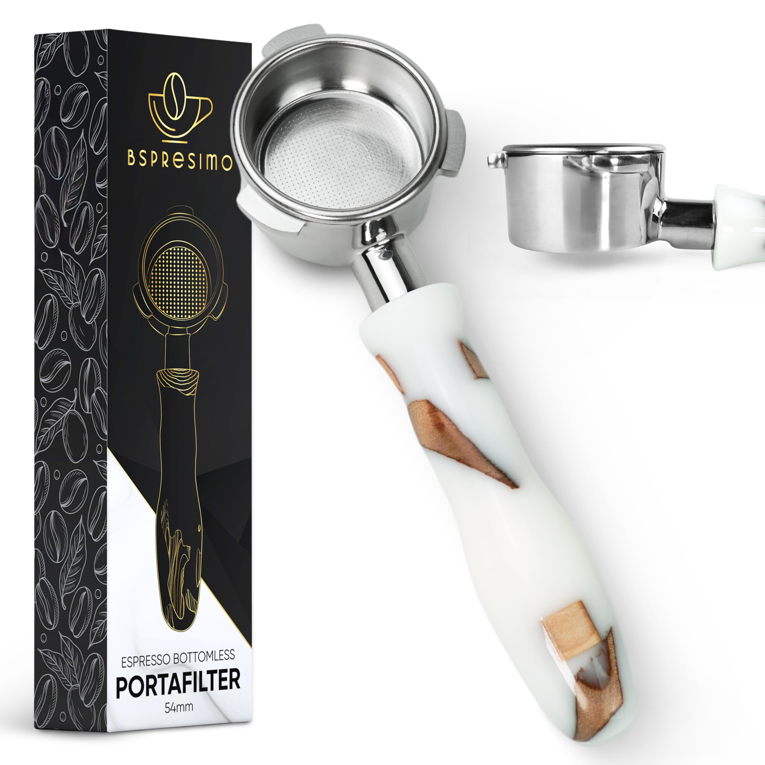 Bspresimo 54mm Bottomless Portafilter Modern Handle – Includes Stainless Steel Naked Basket – Fits Breville Barista Express & 54mm Breville Espresso Machines - Espresso Machine Accessories – White