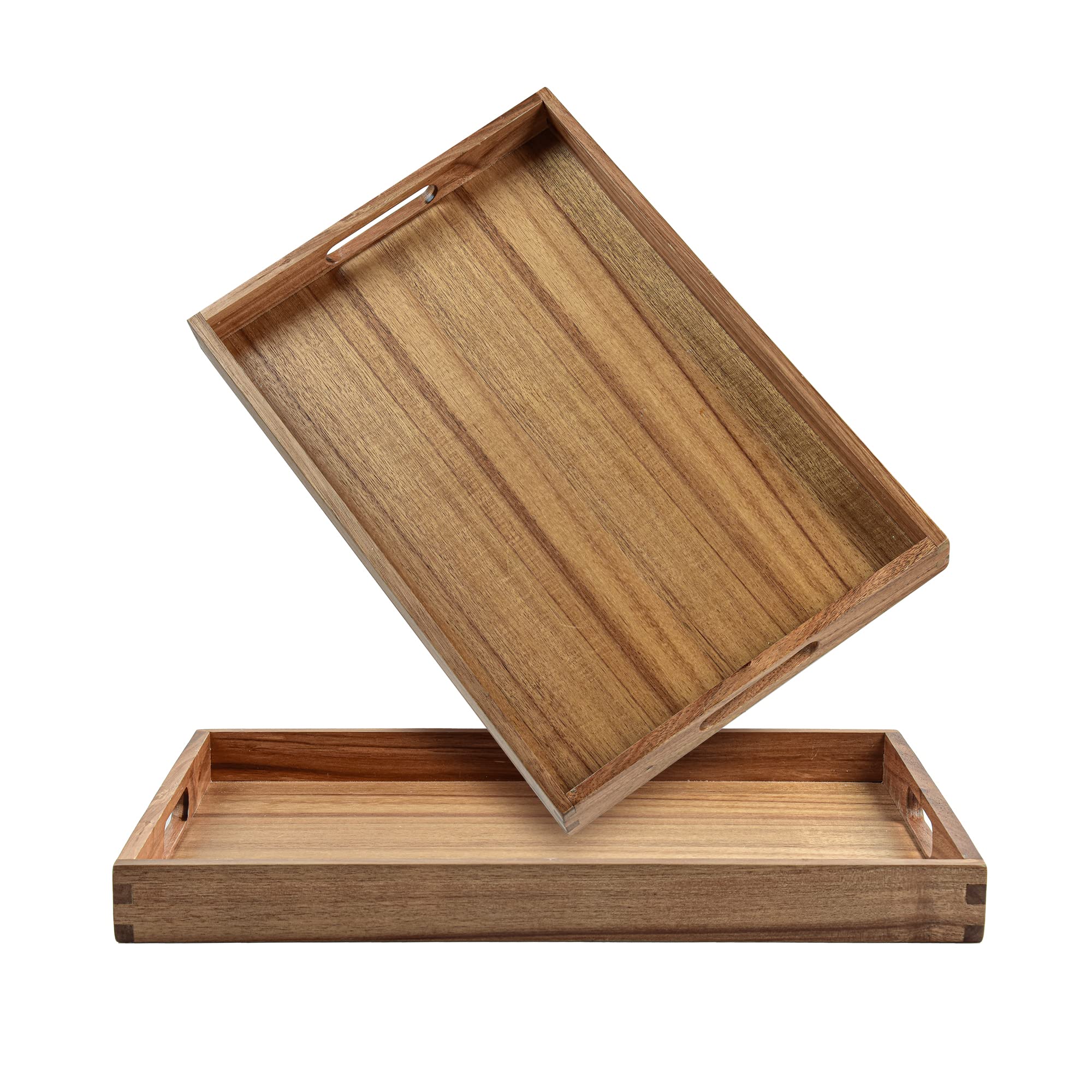 KITEISCAT 17-Inch Acacia Wood Serving Trays with Handles, Set of 2 – Decorative Wooden Trays for Coffee Table, Ottoman, Living Room, Breakfast & Appetizers – Sturdy & Elegant Serving Platters