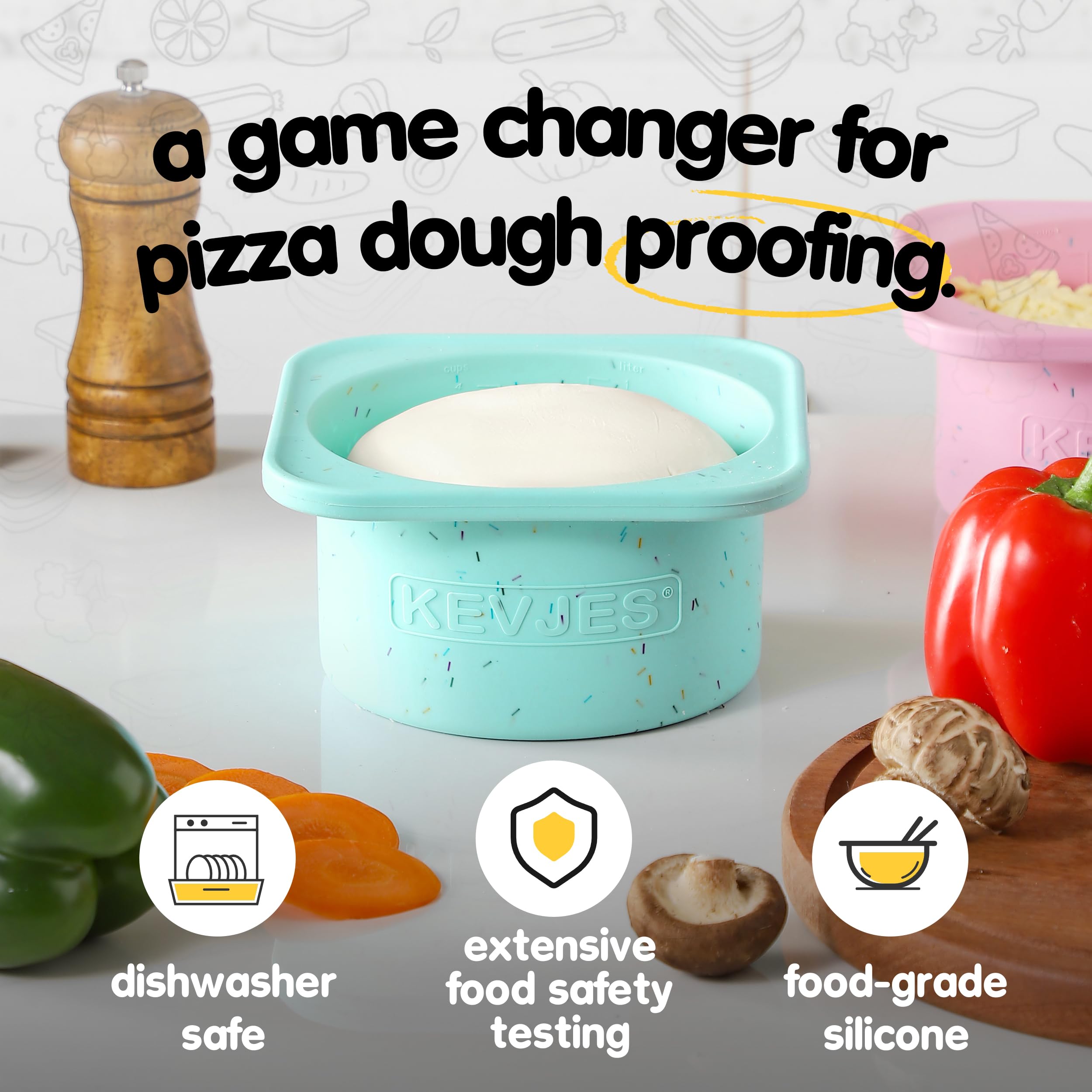 KEVJES PLUS 1000ml Pizza Dough Proofing Containers for DIY family Artisan Pizza, Food Grade Silicone Stackable Boxes with Lids, Freezer, Fridge, Dishwasher Safe-Sprinkles Pattern-3 Pack (Bondi Mint)