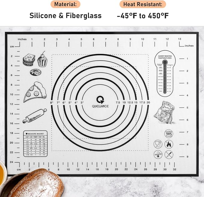 Silicone Pastry Mat with Measurement, Kids Baking Mat for Fondant, Rolling Dough, Pie Crust, Pizza and Cookies, Dough Mat, Counter Mat 12" x 16", Black