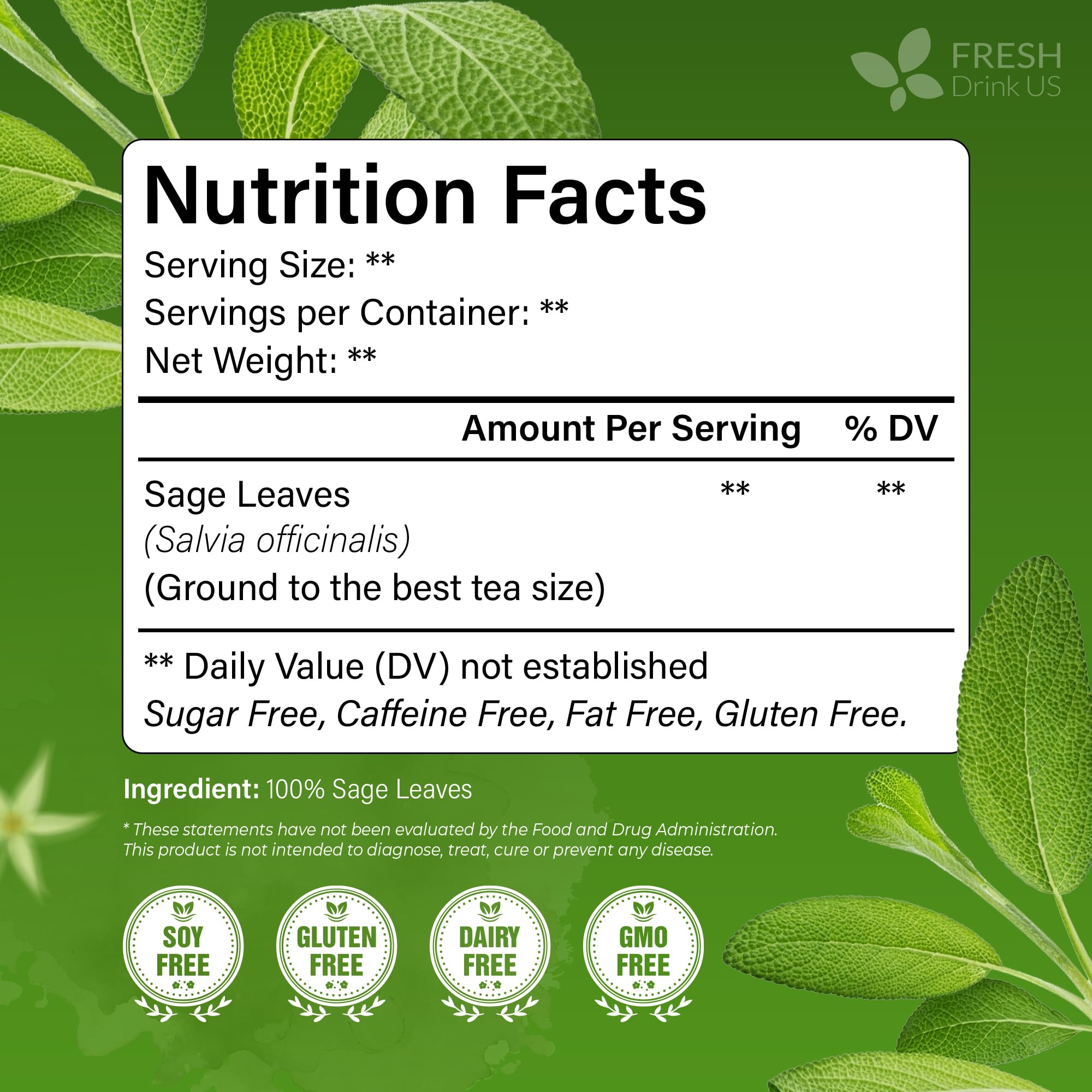 FreshDrinkUS, Premium 135 Sage Leaf Tea Bags, 100% Natural & Pure. Loose Leaf Herbal Tea. Made with Eco-Conscious Tea Bags. No Sugar, No Caffeine, No Gluten, Vegan.