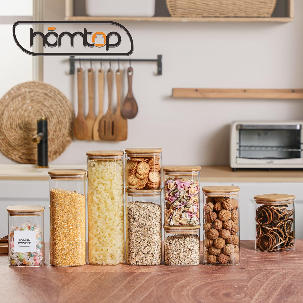 Homtop Glass Jars with Bamboo Lids 3 Pack, 74 Oz Airtight Square Storage Container, High Borosilicate Glass Kitchen Canisters for Soild food, Nuts/Cookies/Sugar/Pasta