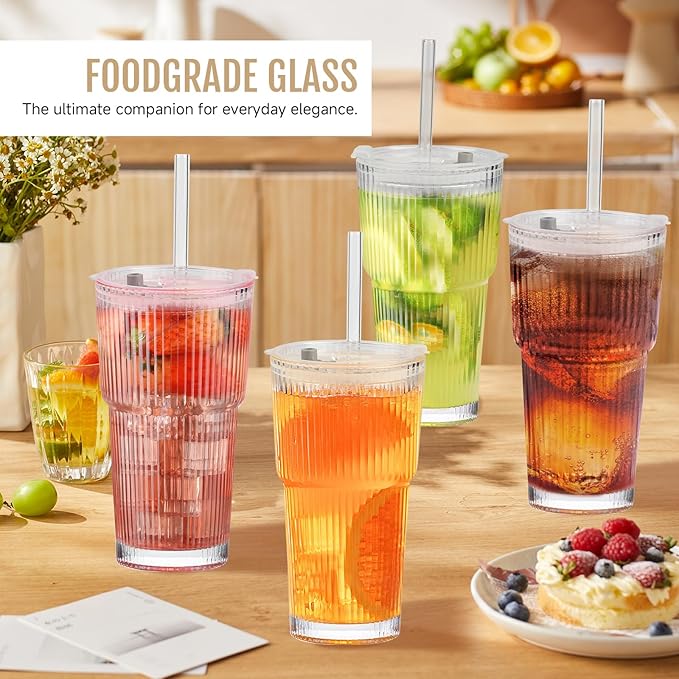 20oz Ribbed Glass Cups with Lids and Straws, Vintage Glass Tumbler with Straw, 2 Piece Iced Coffee Cups Set, Thicked Wall Drinking Glasses Ideal for Coffee, Smoothies, Juices Matchas