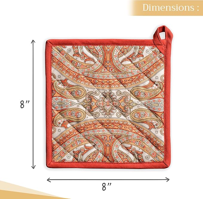 Maison d' Hermine Pot Holders 100% Cotton Heat Resistant Potholders 8" x 8" Hot Pads with Loop BBQ, Cooking, Baking, Grilling, Kitchen, Handling Hot Pans (Pack of 1, Kashmir Paisley)