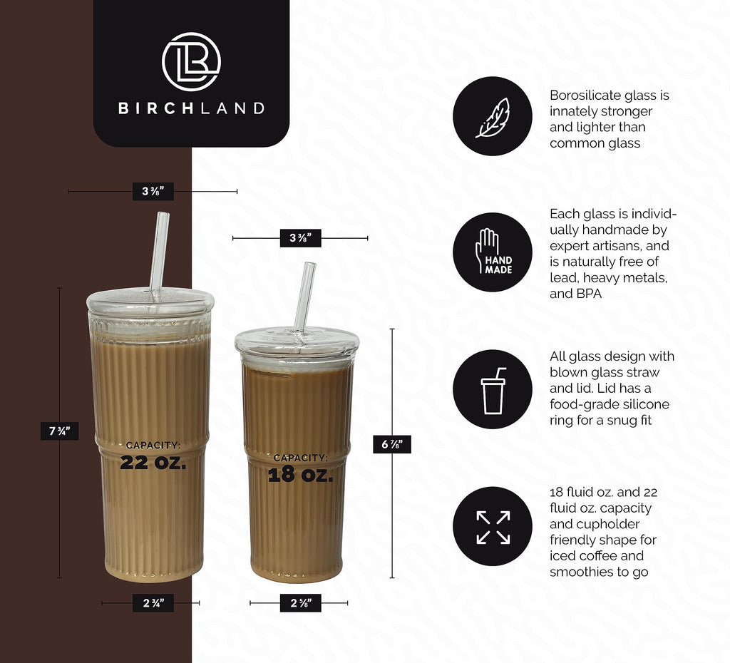 Birchland All Glass Iced Coffee Cup with Lid and Straw, Ribbed Glass Tumbler Set of 2 (22 oz ribbed)