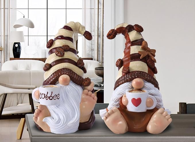 2PCS Coffee Gnomes Figurines Home Christmas Decoration Fall Gnomes Coffee Bar Accessories Decor Elfs Statue Cute Resin Housewarming Gifts for Women Tiered Tray Table Ornament,Sit 4.7H