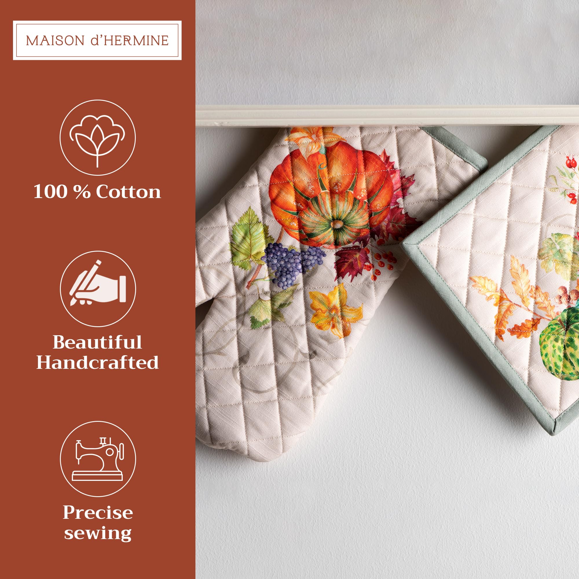 Maison d' Hermine 100% Cotton Oven Mitt & Pot Holder Set (7.5"x13" & 8"x8")