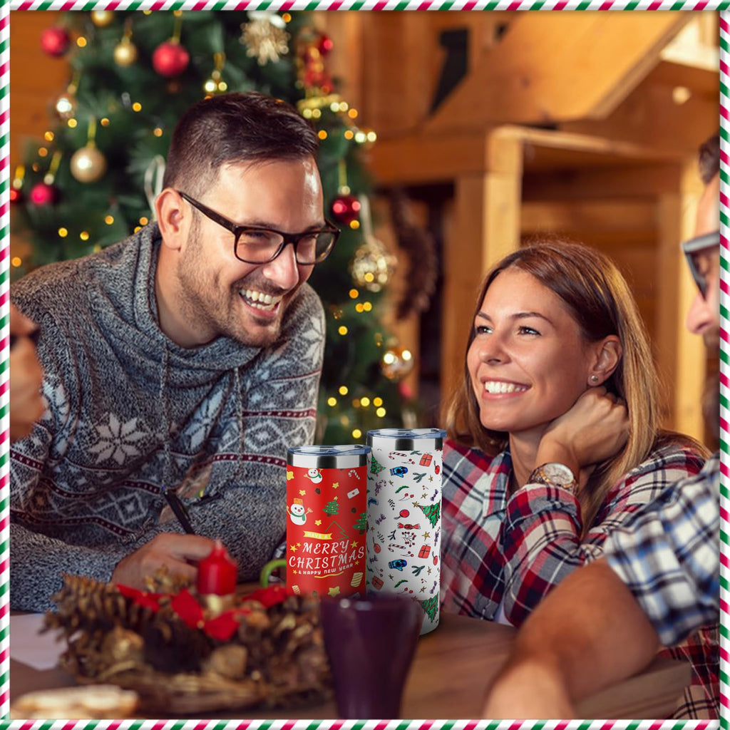 FristChoice 20oz Christmas Skinny Tumbler with Lid and Straw,Stainless Steel Vacuum Insulated Tumbler Cup Double Wall Travel Coffee Mug Christmas Gifts for Women Men(Xmas Elements,2)