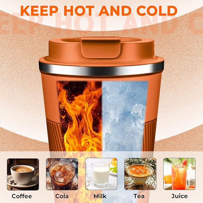 Insulated Coffee Tumbler 12 oz, Stainless Steel Coffee Mug with Lids, Travel Coffee Mug Leak Proof, Double Wall Vacuum Insulated Reusable Coffee Cup, Keep Drinks Hot and Cold (Orange, 12 Ounces)