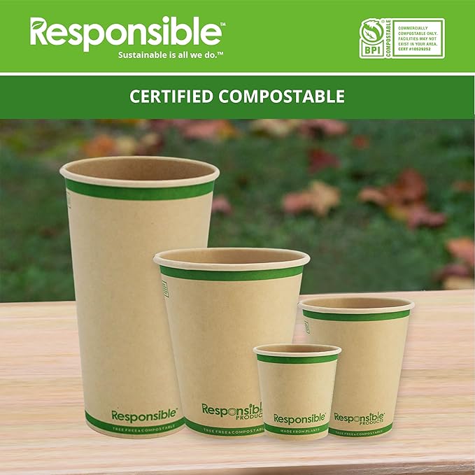 Certified Compostable 16 oz Paper Cups, Cold ＆ Hot Coffee Cups, Disposable Paper Cups, Extra Strength Disposable Cups, Made without PFAS (50 count)