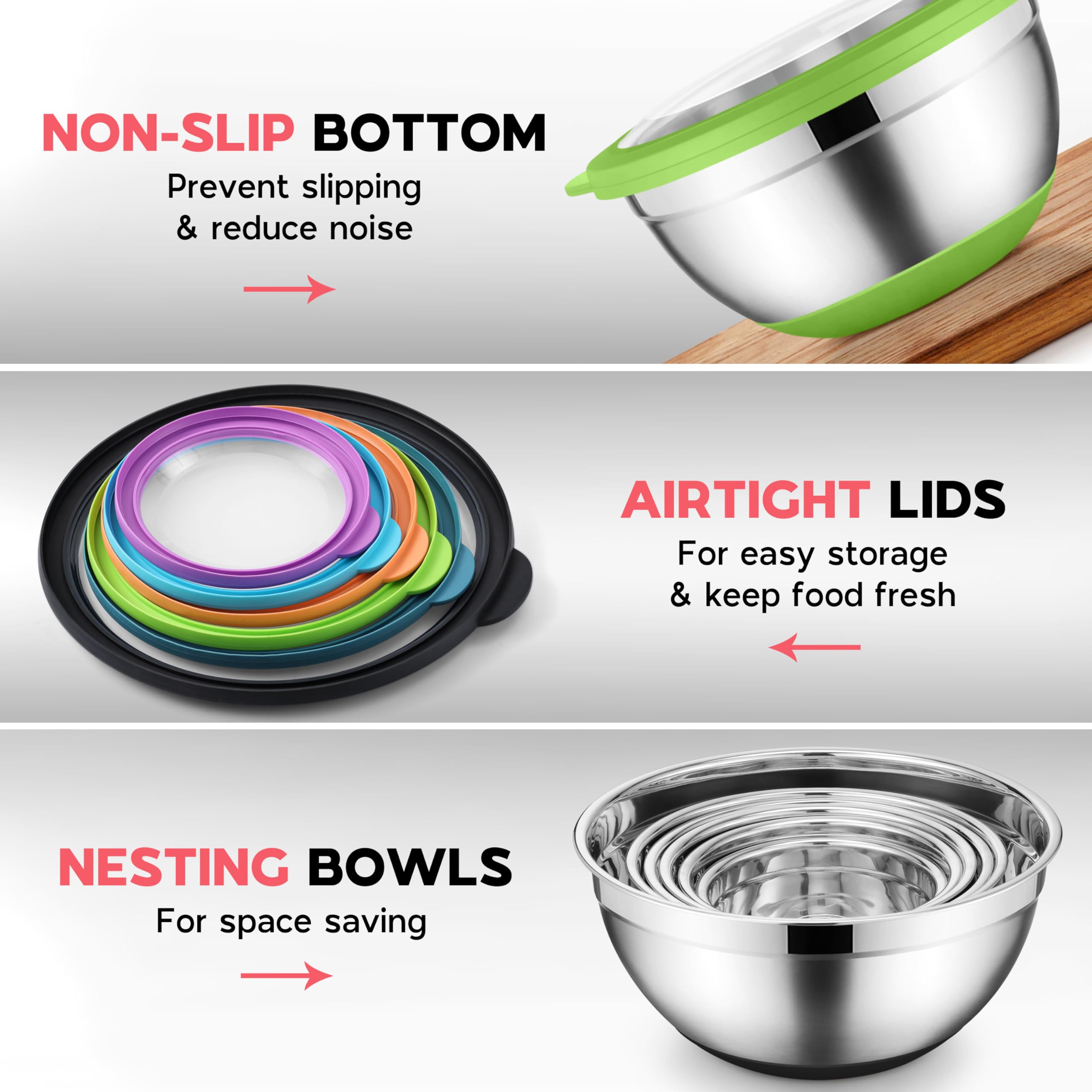 Onader Colorful Mixing Bowl Set of 6 for Kitchen, Large Stainless Steel Metal Nesting Mixing Bowls with Airtight Lids, Non Slip - Size 0.7, 1, 1.5, 2, 2.6, 4.6QT