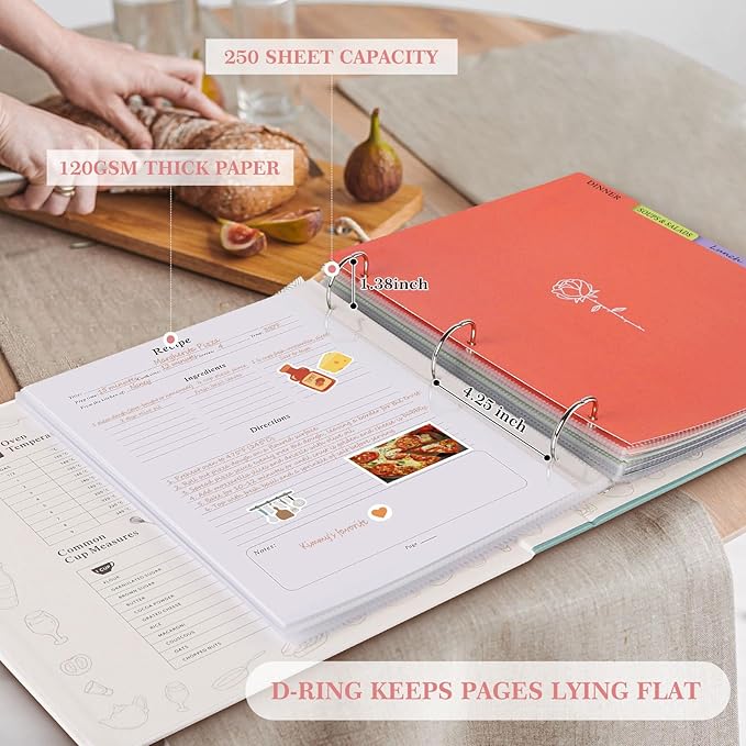 Lanpn Recipe Binder 8.5x11 3 Ring Kit, Waterproof Organizer Binder Recipe Book with 60 Plastic Sleeves,116 Recipes, Dividers,Labels & Stickers, Blank Cookbook to Write in Your Own Recipes, Leaf