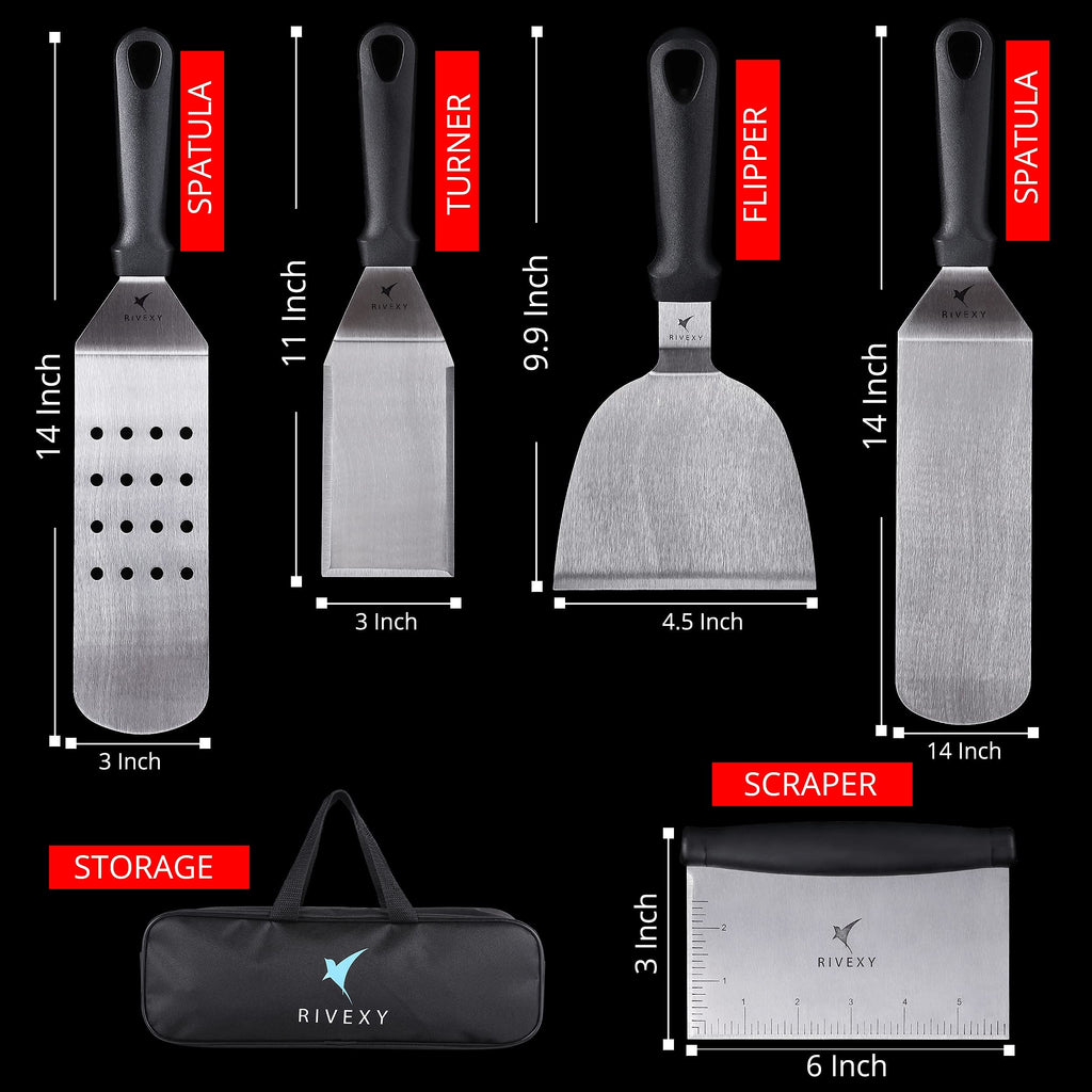 Rivexy 5-PCS Premium Griddle Accessories Kit, Ultimate Stainless Steel Flat Top Grill Accessories for Blackstone BBQ, Teppanyaki, Hibachi – Durable Griddle Spatula, Ideal for Outdoor & Camping