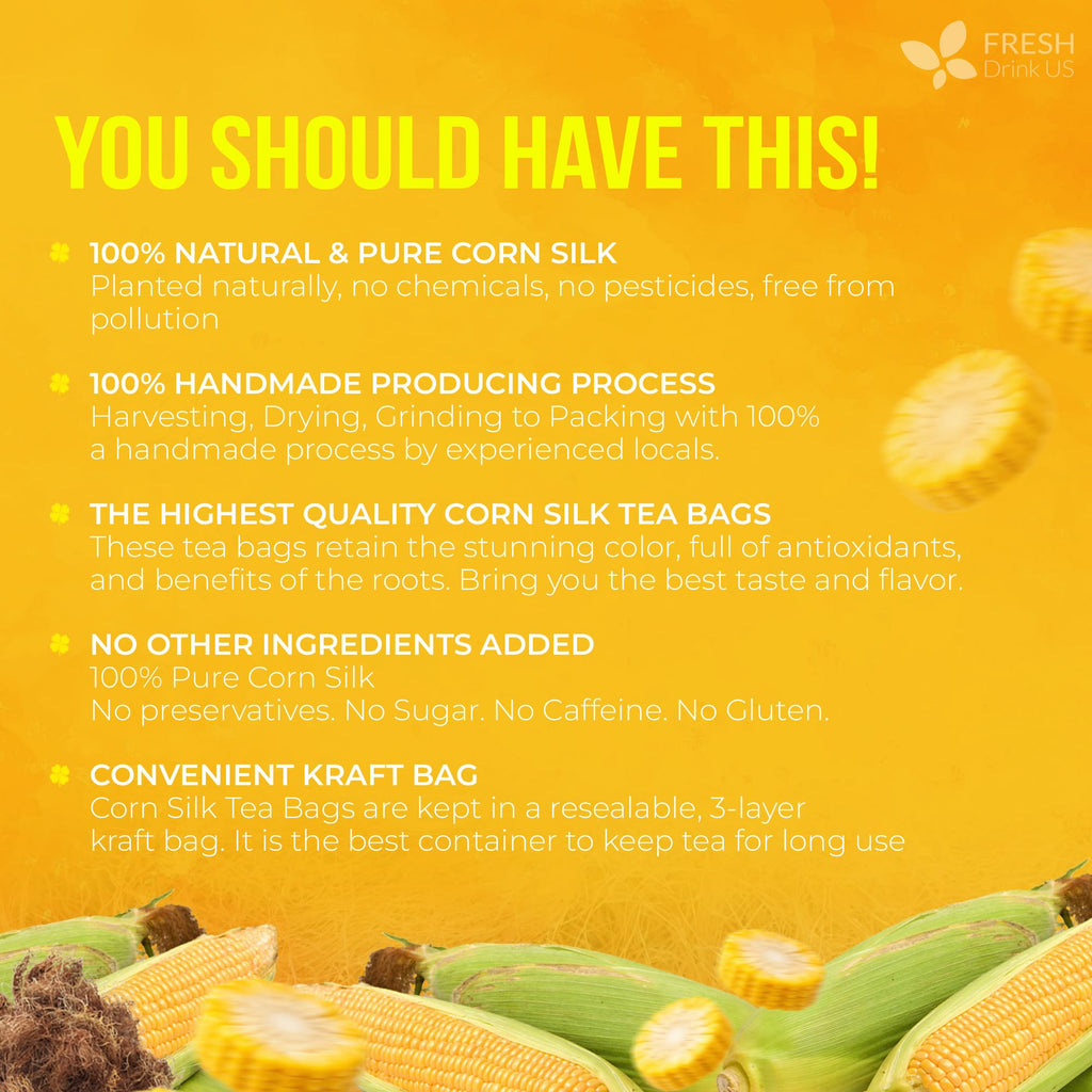 FreshDrinkUS, Premium 75 Tea Bags Corn Silk Tea, 100% Natural & Pure from Corn Silk. Corn Silk Herbal Tea. Clean Ingredients. Made with Natural Material Tea Bags. No Sugar, No Caffeine, Vegan.