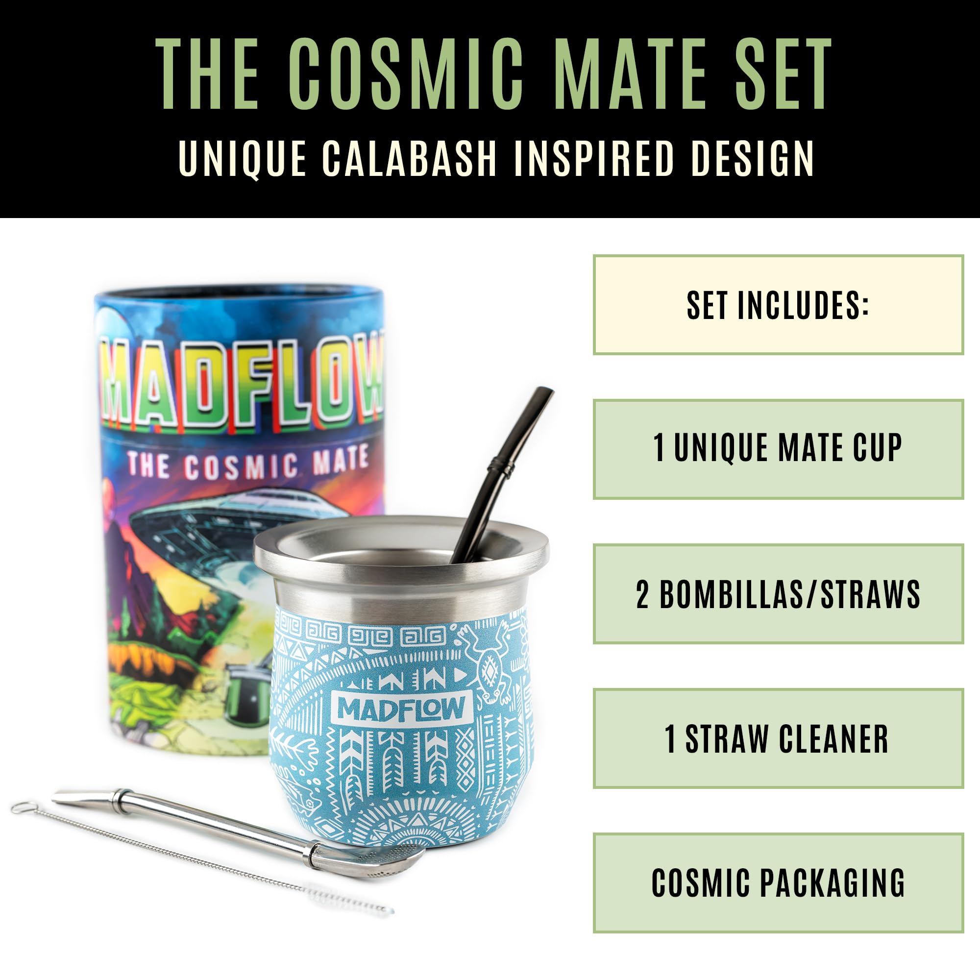 MADFLOW Yerba Mate Cup. Stainless Steel Mate Cup with 2 Bombillas. Double Wall Vacuum Insulated Yerba Mate Gourd. Unique Mate Cup And Bombilla Set