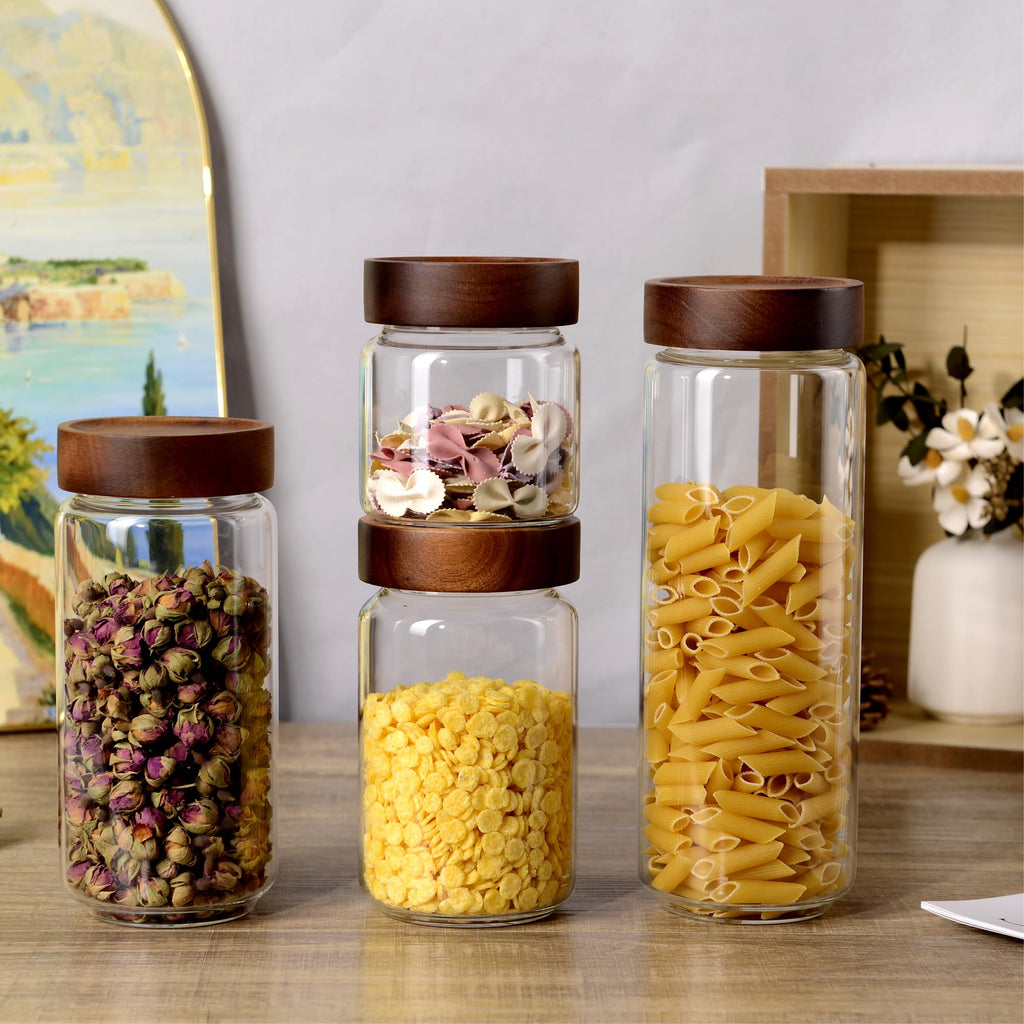 MOLADRI 40 fl oz/1200 ml Glass Jar with Airtight Wooden Screw Top Lid, Clear Stackable Food Storage Canister, Large Tall Decorative Glass Container for Coffee, Candy, Cookie, Sugar, Oatmeal, Pasta