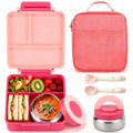 Bento Lunch Box for Girls with 8oz Soup Thermo & Lunch Bag, Leak-Proof Lunch Food Containers with 4 Compartment, Hot Food Insulated Food Jar for Kids School (Pink)
