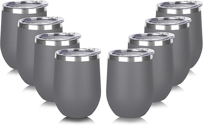 DOMICARE Stainless Steel Wine Tumbler Bulk with Lid, Personalized Insulated Tumblers Set, 12oz Travel Coffee Cups Pack of 8, Gray
