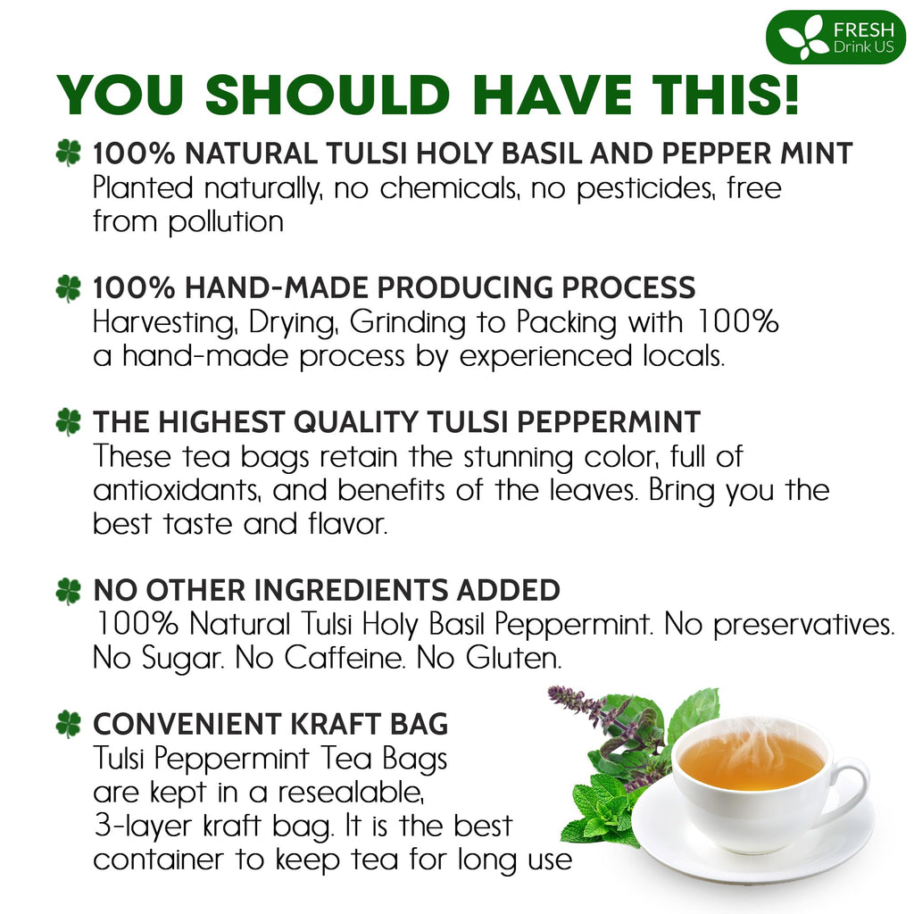 FreshDrinkUS, Premium Tulsi Peppermint Herbal Tea – 75 Bags, 100% Nature. Made with Natural Material. No Sugar, Vegan.