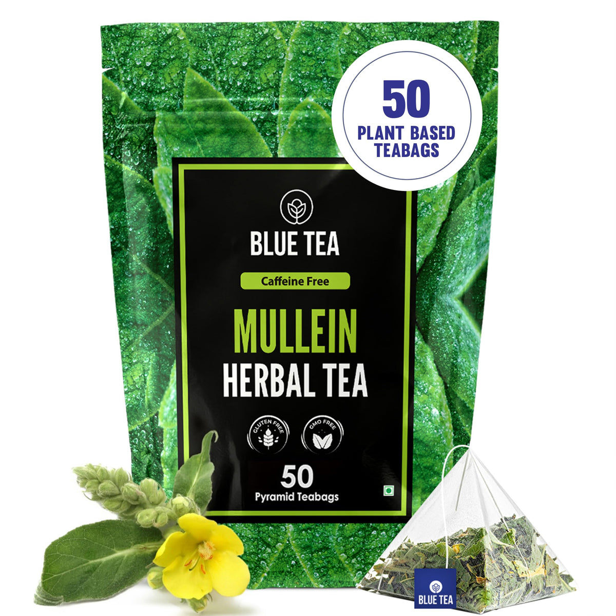 BLUE TEA Mullein Plant-Based Tea Bags, 50 Count – All Natural Mullein Leaf | Herbal Tea for Respiratory Support & Detox | Caffeine-Free, Non-Bitter | Plant-Based Pyramid Tea Bags | No Additives, Premium Ziplock Pack | Straight from the Himalayas
