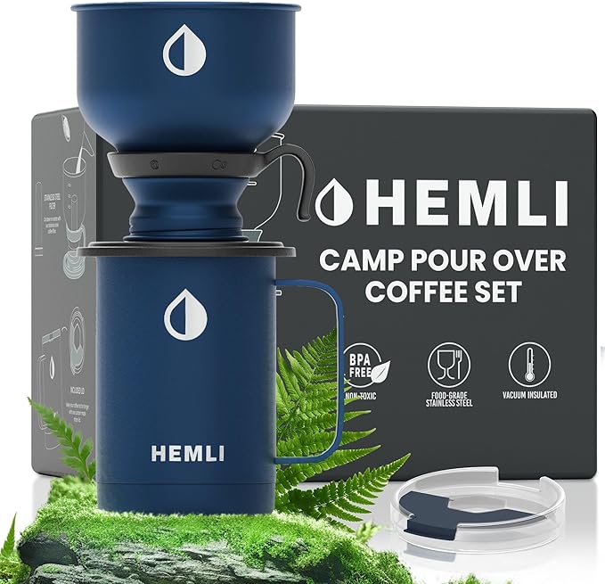 Hemli 16 oz Pour Over Camp Coffee Maker Set– Vacuum Insulated Mug with Leakproof Lid, Stainless Steel Micro Filter, Portable Coffee Maker for Camping, Travel & Outdoor Adventures