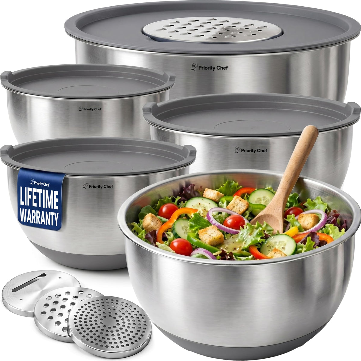 Priority Chef Stainless Steel Mixing Bowls with Lids Set, 3 Grater Attachments, Airtight Lids, Non-Slip Silicone Base Mixing Bowl Set, Large Prep Metal Mixing Bowls for Kitchen, Red