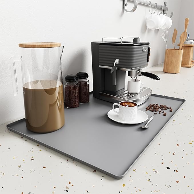 Silicone Coffee Mat, 24 x 16 Inch Non-Slip Heat Resistant, Large and Small Combination Bar Mat, Convex Edge Spill Resistant Design for Coffee Machines and Kitchen Countertops,Wavy Gray