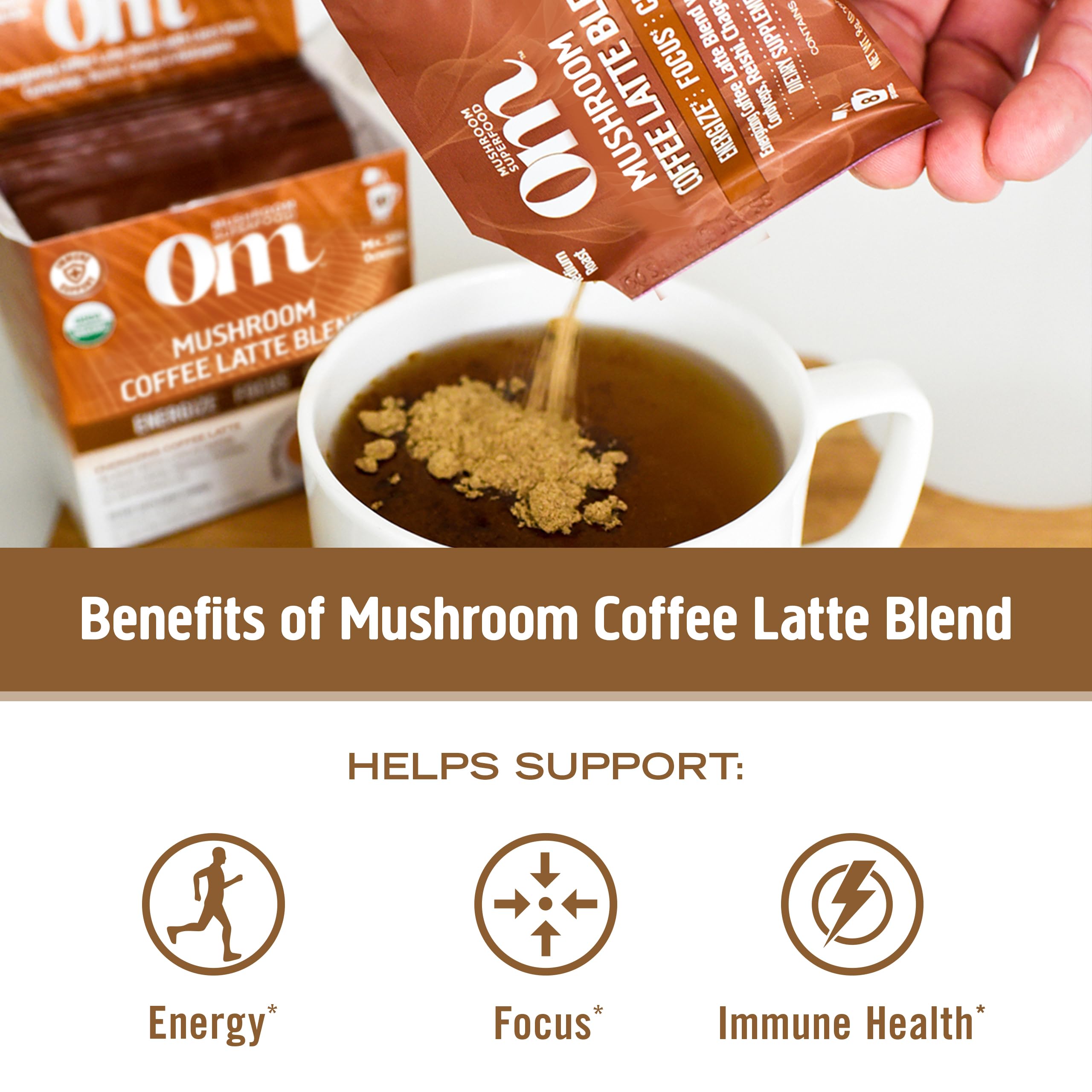 OM MUSHROOM SUPERFOOD Coffee Latte Blend – Functional Mushroom Powder with Lion’s Mane & Cordyceps – Energy, Focus & Mental Clarity Support – 8.47 oz Canister (30 Servings)