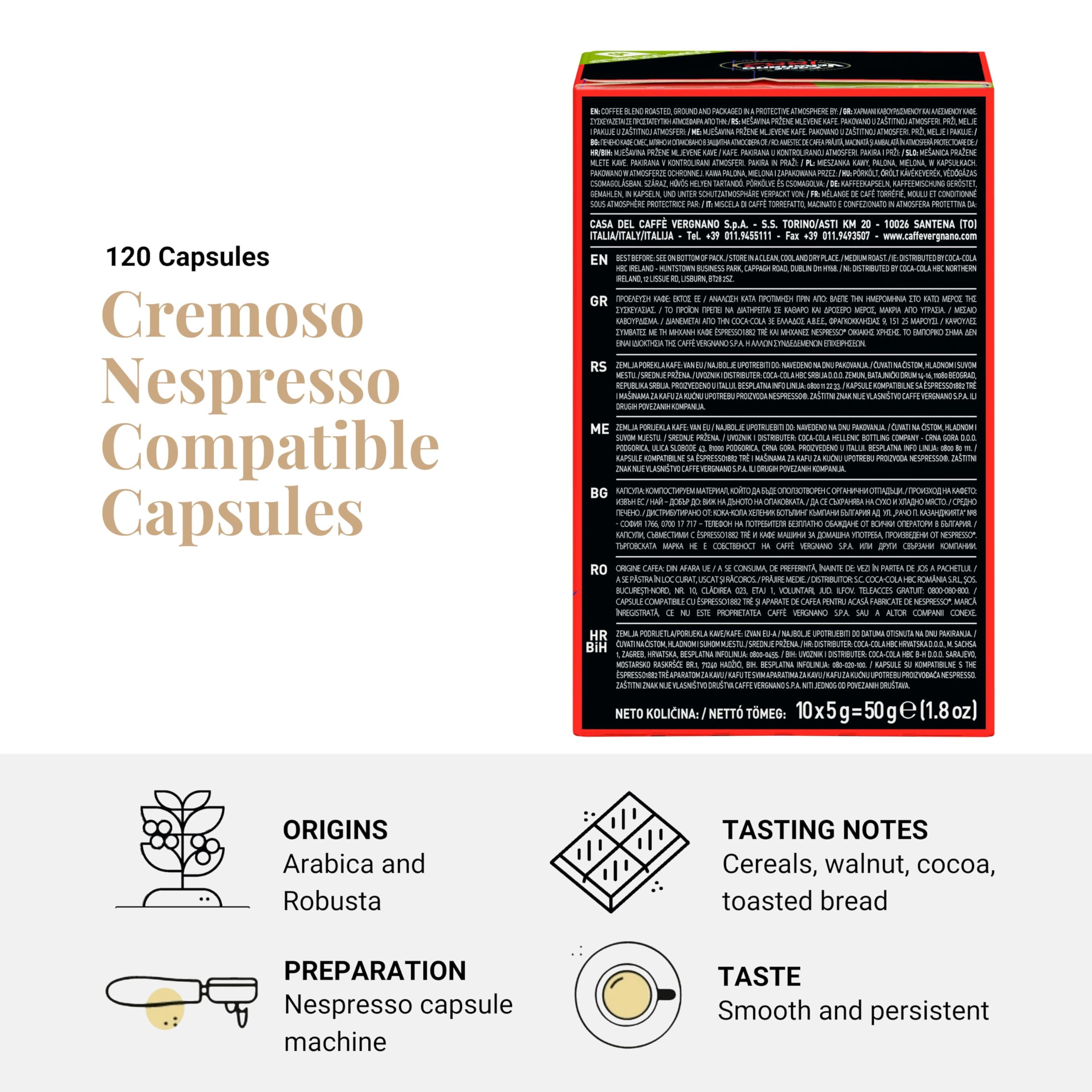 Caffe Vergnano Cremoso Espresso Pods, Nespresso Original Compatible, 120 Ct