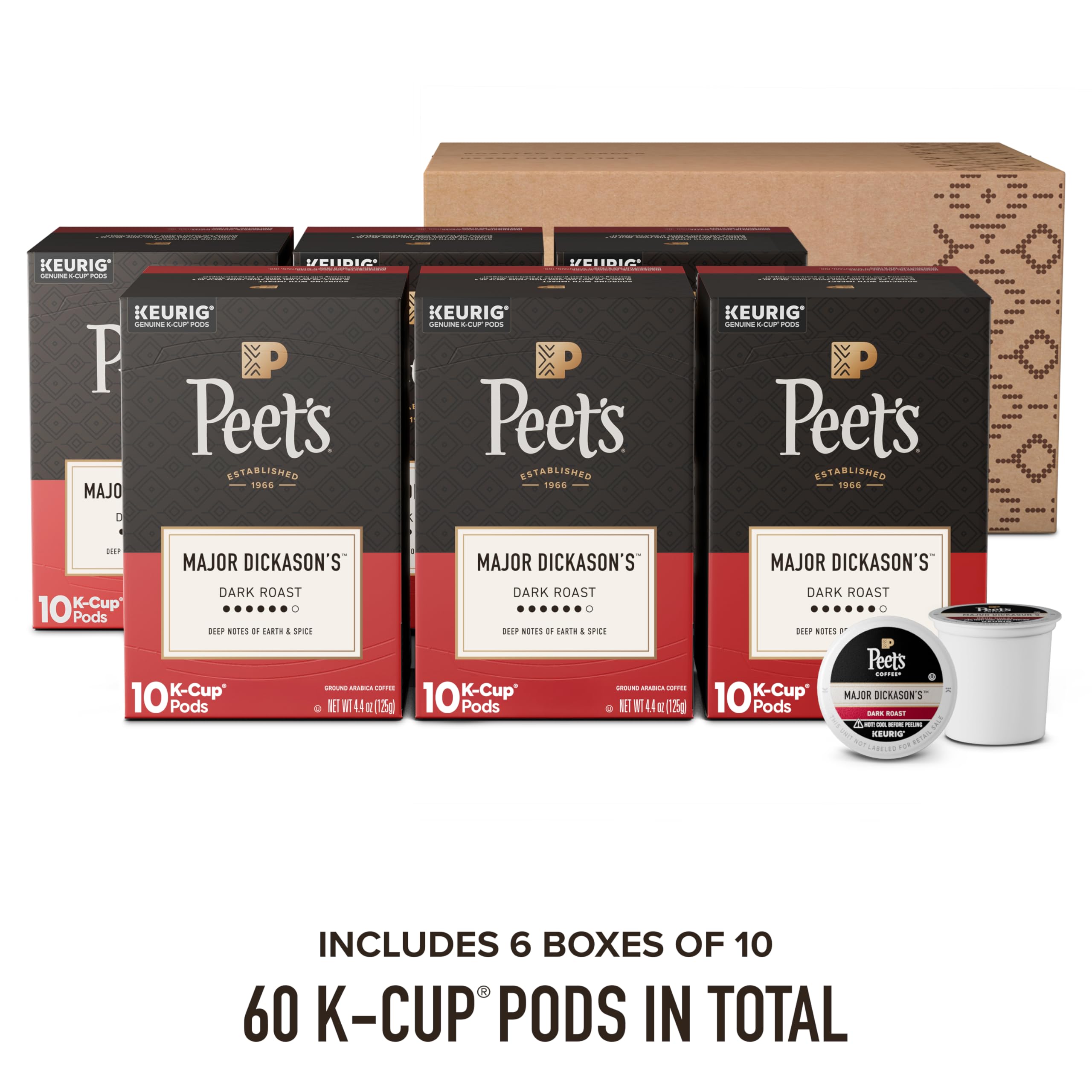 Peet's Coffee, Dark Roast Keurig K-Cup Pods, 100% Arabica Coffee - Major Dickason's Blend 60 Count (6 Boxes of 10 K-Cup Pods)