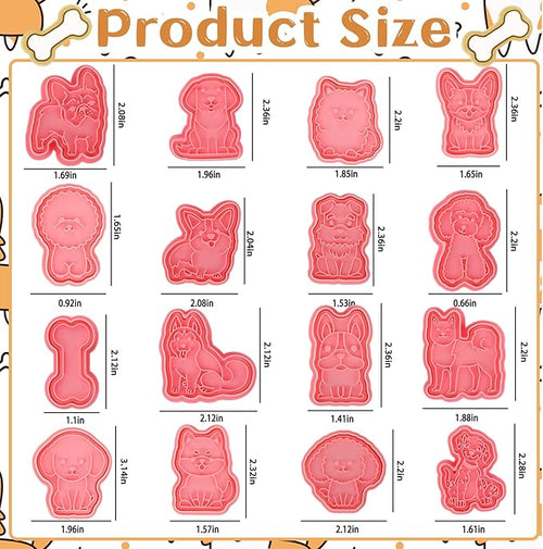 16 Pcs Dog Cookie Cutters with Plunger Stamps Set 3D Puppy Bone Shape Biscuit Cutter Funny Cartoon Cookie Stamps Stamped Embossed Dog Cookie Cutters for Treats DIY Cookie Cake Baking Supplies