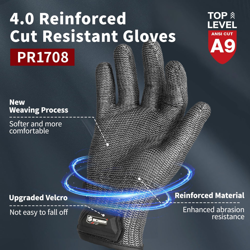 Schwer Ultimate Cut Resistant Gloves Beyond ANSI A9, Reinforced Stainless Steel Glove, Food Grade Mesh Metal Gloves for Butcher Meat Cutting, Oyster Shucking, Mandoline, PR1708 (L, 1 PCS)