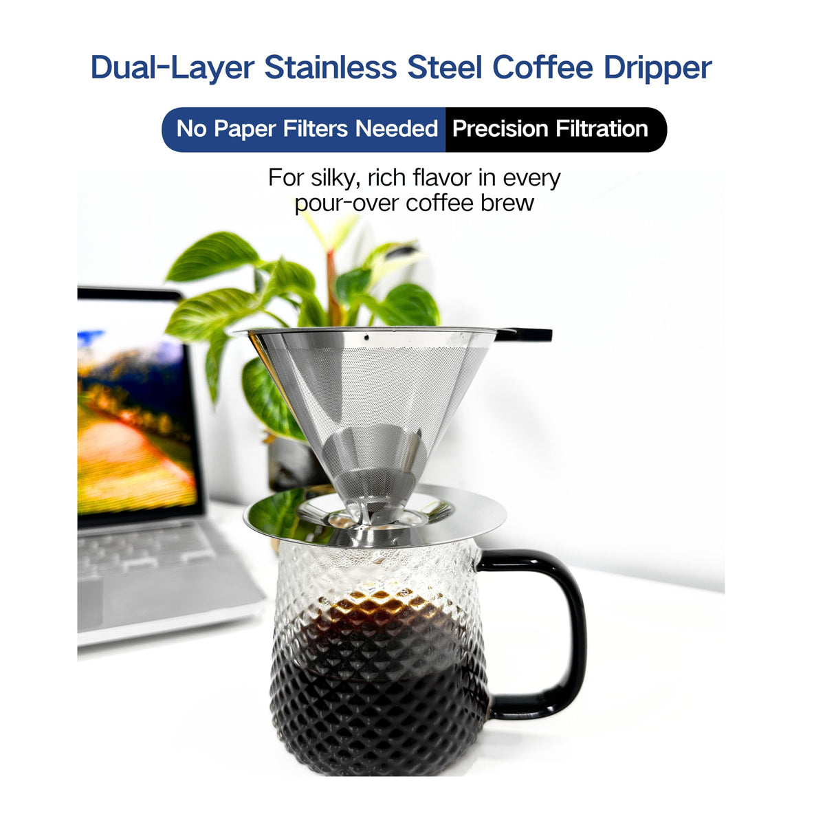 Tronmei 1-2 Cup Dual-Layer 304 Stainless Steel Pour Over Coffee Dripper